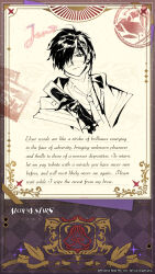 Rule 34 | 1boy, alchemy stars, card, character signature, closed mouth, coat, copyright notice, eyepatch, gloves, greyscale with colored background, highres, holding, holding card, holding letter, jeno (alchemy stars), letter, male focus, neck brace, official art, postcard, short hair, solo, stamp mark, upper body