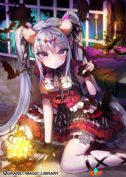 Rule 34 | + +, 1girl, animal, animal ears, argyle, arm strap, bat (animal), between legs, black ribbon, blush, breasts, candle, candlestand, cat ears, cat tail, closed mouth, coffee, collar, company name, copyright name, corset, dress, eyelashes, fingernails, frilled collar, frilled skirt, frills, gothic lolita, hair between eyes, hair ribbon, hand between legs, hand up, highres, horns, indoors, kanola u, kemonomimi mode, lace-up, lantern, light purple hair, lolita fashion, long fingernails, long hair, looking at viewer, nail polish, pantyhose, purple eyes, qurare magic library, red nails, ribbon, sitting, skirt, sleeveless, sleeveless dress, small breasts, smile, solo, striped clothes, striped dress, striped ribbon, symbol-shaped pupils, tail, thigh strap, tiara, tile floor, tiles, twintails, vampire, very long hair, wariza, white pantyhose, wrist cuffs