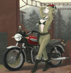 Rule 34 | 1boy, 1girl, arms up, biker clothes, bikesuit, bikini, bikini top only, blonde hair, bodysuit, breasts, camouflage, cleavage, eva (metal gear), gloves, goggles, gun, helmet, highres, holster, mask, metal gear (series), metal gear solid, metal gear solid 3: snake eater, motor vehicle, motorcycle, naked snake, natsuhiko (7215), navel, parted lips, removing helmet, revision, swimsuit, triumph, unzipped, vehicle, weapon