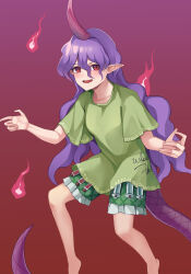 Rule 34 | 1girl, absurdres, blush, clothes writing, fire, gradient background, green shirt, green shorts, hair between eyes, hair ornament, hairclip, highres, horns, koizumo, long hair, open mouth, pointy ears, purple hair, purple horns, red eyes, shirt, short sleeves, shorts, single horn, smile, solo, syringe, tail, tenkajin chiyari, test tube, touhou