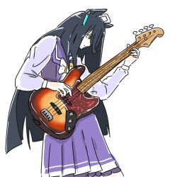 1girl ahoge animal_ears bass_guitar black_hair blunt_ends bow bowtie closed_mouth commentary cowboy_shot derivative_work ear_ornament electric_bass_guitar expressionless fender_jazz_bass hair_over_one_eye head_down highres holding holding_bass_guitar holding_instrument horse_ears horse_girl horseshoe_ornament instrument long_hair long_sleeves manhattan_cafe_(umamusume) multicolored_hair music otomodachi_(kuriuni0) photo-referenced playing_bass_guitar playing_instrument pleated_skirt purple_sailor_collar purple_serafuku purple_shirt purple_skirt real_life sailor_collar sailor_shirt school_uniform serafuku shirt simple_background skirt solo standing tracen_school_uniform two-tone_hair umamusume very_long_hair white_background white_bow white_bowtie white_hair yellow_eyes