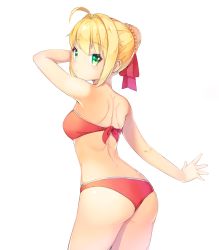 Rule 34 | 10s, 1girl, alternate costume, ass, bare arms, bare back, bare shoulders, bikini, blonde hair, blush, braid, breasts, double bun, fate/extra, fate/grand order, fate (series), green eyes, hair between eyes, hair ornament, hair ribbon, highres, jungki dr, large breasts, long hair, looking at viewer, nero claudius (fate), nero claudius (fate) (all), nero claudius (swimsuit caster) (fate), red bikini, red ribbon, ribbon, short hair, simple background, solo, standing, strapless, strapless bikini, swimsuit, white background
