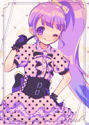 Rule 34 | 1girl, black gloves, blunt bangs, bow, closed mouth, collared dress, commentary request, corset, dress, finger to cheek, frilled dress, frills, gloves, hair bow, hand on own hip, hand up, highres, index finger raised, light purple hair, long hair, looking at viewer, manaka non, mitsui (mmdwn 0520), one eye closed, pink dress, polka dot, polka dot dress, pretty series, pripara, puffy short sleeves, puffy sleeves, purple eyes, short sleeves, side ponytail, smile, solo, tongue, tongue out, very long hair, yellow bow