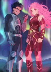 Rule 34 | 1boy, 1girl, aurora, belt, black bodysuit, black eyes, black hair, bodysuit, boots, closed mouth, detached sleeves, expressionless, fake claws, gloves, highres, jourd4n, lavagirl, long hair, pink hair, red bodysuit, red eyes, shark fin, sharkboy, sharp teeth, short hair, smile, standing, teeth, the adventures of sharkboy and lavagirl in 3-d