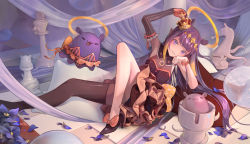 Rule 34 | 1girl, absurdres, animal ears, asymmetrical legwear, black footwear, black thighhighs, blonde hair, blue flower, chess piece, crown, detached collar, dress, elbow gloves, flower, gloves, halo, high heels, highres, hololive, hololive english, king (chess), knee up, knight (chess), long hair, looking at viewer, lying, meiyan (boyimachao), mini crown, multicolored hair, ninomae ina&#039;nis, on back, parted lips, pawn (chess), petals, pointy ears, purple eyes, purple hair, rook (chess), scrunchie, single elbow glove, single thighhigh, smile, solo, streaked hair, striped clothes, striped dress, takodachi (ninomae ina&#039;nis), thighhighs, vertical-striped clothes, vertical-striped dress, very long hair, virtual youtuber, white thighhighs, wrist scrunchie