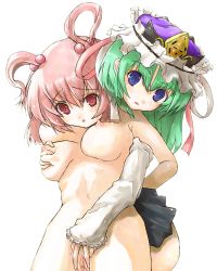 Rule 34 | 2girls, arms behind back, blue eyes, breasts, clitoris, clothed female nude female, completely nude, female focus, from behind, front to back, grabbing, grabbing another&#039;s breast, green hair, hat, kuku, large breasts, multiple girls, nipples, nude, onozuka komachi, pink hair, puffy nipples, pussy, reach-around, red eyes, shiki eiki, simple background, spread pussy, touhou, uncensored, yuri