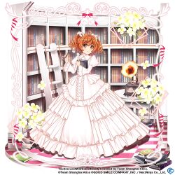 Rule 34 | 1girl, alternate costume, bell, book, bookshelf, closed mouth, commentary, copyright name, copyright notice, dress, english commentary, flower, full body, game cg, hair bell, hair ornament, holding, holding book, holding removed eyewear, juliet sleeves, ladder, library, long sleeves, looking at viewer, motoori kosuzu, motoori kosuzu (the white book of gossip), orange eyes, orange hair, phonograph, puffy sleeves, rotte (1109), short hair, smile, solo, standing, third-party source, touhou, touhou lostword, two side up, unworn eyewear, white dress, white flower