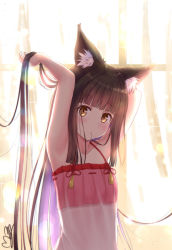 Rule 34 | 1girl, adjusting hair, animal ears, arms up, azur lane, blunt bangs, blurry, blush, bokeh, brown hair, camisole, curtains, depth of field, fox ears, hair in own mouth, lingerie, long hair, m ko (maxft2), nagato (azur lane), nagato (great fox&#039;s respite) (azur lane), negligee, nightgown, solo, sunlight, underwear, very long hair, window, yellow eyes