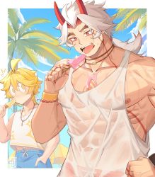 Rule 34 | 2boys, abs, aether (genshin impact), arataki itto, blonde hair, blue male swimwear, blue pants, blue swim trunks, drawstring, earrings, food, genshin impact, hair intakes, heithanoll, highres, horns, ice cream, jewelry, long hair, male focus, male swimwear, midriff, midriff peek, multiple boys, muscular, muscular male, necklace, nipples, o o, oni horns, open mouth, pants, popsicle, red eyes, see-through, see-through shirt, spikes, stomach, swim trunks, tank top, tongue, tongue out, wet, white hair, white tank top, wristband, yellow eyes