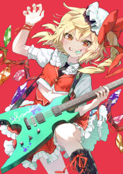 Rule 34 | black footwear, black neckwear, blonde hair, blush, boots, bow, collar, commentary, cropped shirt, cropped vest, crystal, electric guitar, feet out of frame, flandre scarlet, frilled collar, frilled skirt, frills, gem, guitar, hair bow, hat, highres, holding, holding instrument, instrument, knee boots, looking at viewer, mini hat, mob cap, music, necktie, playing instrument, plectrum, plectrum in mouth, pointy ears, red background, red bow, red eyes, red ribbon, red skirt, red vest, ribbon, shirt, short hair, short sleeves, side ponytail, simple background, skirt, symbol-only commentary, syuri22, teeth, touhou, vest, white shirt, wings, wrist ribbon