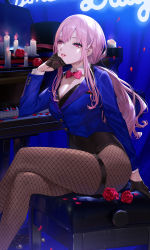 Rule 34 | 1girl, alternate costume, alternate hairstyle, blue jacket, bow, bowtie, candle, crossed legs, ekao, fishnet pantyhose, fishnets, flower, highres, hololive, hololive english, instrument, jacket, legs, leotard, mori calliope, official art, pantyhose, piano, pink hair, playboy bunny, ponytail, red eyes, rose, second-party source, sitting, solo, virtual youtuber