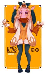 Rule 34 | 1girl, arms up, black footwear, blonde hair, blush stickers, border, character name, closed mouth, commentary, creature and personification, creatures (company), eyelashes, flanmiu, framed, game freak, gen 7 pokemon, hair ornament, hairclip, heart, highres, looking up, nintendo, on head, orange background, orange eyes, outside border, pantyhose, personification, pokedex number, pokemon, pokemon (creature), pokemon on head, ribombee, shoes, signature, smile, standing, white border