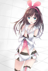Rule 34 | 1girl, arm warmers, blue eyes, blush, bow, brown hair, cowboy shot, hair bow, hairband, hands up, highres, interlocked fingers, keid, kizuna ai, kizuna ai inc., lace, lace-trimmed legwear, lace trim, long hair, looking at viewer, multicolored hair, navel, open mouth, own hands together, pink bow, pink hair, sailor collar, short shorts, shorts, smile, solo, streaked hair, teeth, thighhighs, vest, virtual youtuber, white shorts, white thighhighs, white vest