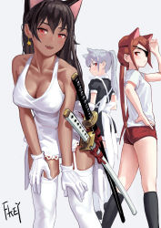 Rule 34 | 3girls, animal ears, apron, arm up, artist name, ass, black socks, blush, breasts, brown hair, buruma, cat ears, cleavage, closed mouth, collarbone, covered erect nipples, dark-skinned female, dark skin, dress, earrings, eyepatch, fangs, feiqizi (fkey), fkey, frills, garter straps, gloves, grey background, grey hair, gym uniform, hand on own hip, hands on own thighs, highres, jewelry, kneehighs, leaning forward, long hair, looking at viewer, looking back, low twintails, maid, maid apron, medium breasts, multiple girls, one-piece swimsuit, original, parted lips, ponytail, puffy sleeves, red eyes, shirt, shoes, short sleeves, socks, swimsuit, sword, twintails, weapon, white gloves, white legwear, white shirt