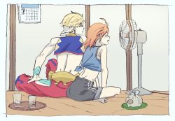 Rule 34 | 1boy, 1girl, :d, ahoge, alternate costume, barefoot, black shorts, blonde hair, blue shirt, calendar (object), closed mouth, commentary request, cup, drinking glass, earrings, electric fan, closed eyes, fate/grand order, fate (series), from side, fujimaru ritsuka (female), gilgamesh, gilgamesh (caster) (fate), gilgamesh (fate), indoors, jacket, jewelry, mi (pic52pic), open clothes, open jacket, open mouth, orange hair, pants, piggy bank, purple jacket, red pants, shirt, short shorts, shorts, sitting, sleeveless, sleeveless jacket, smile, tied shirt, tray, wristband