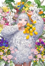 Rule 34 | 1girl, blue eyes, blue flower, blunt bangs, bob cut, bouquet, bug, butterfly, covered mouth, dress, eyebrows hidden by hair, flower, flower dress, flower request, highres, holding, insect, leaf, lily (flower), long hair, long sleeves, looking at viewer, lying, minami (minami373916), on back, orange flower, original, pink flower, purple flower, solo, tulip, white background, white dress, white flower, yellow flower, yellow tulip
