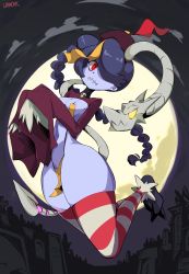 Rule 34 | 1girl, absurdres, blue hair, blue skin, breasts, colored skin, cosplay, hair over one eye, halloween, highres, jiangshi, jiangshi costume, leviathan (skullgirls), medium breasts, skullgirls, squigly (skullgirls), stitched mouth, stitches, zombie
