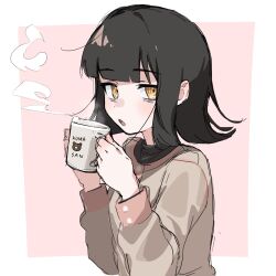 Rule 34 | 1girl, :o, bags under eyes, black hair, blowing, blunt bangs, buttons, cup, grey shirt, highres, holding, holding cup, long sleeves, looking at viewer, medium hair, mug, open mouth, original, quraqura nemii, shirt, steam, upper body, yellow eyes