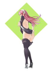 Rule 34 | 1girl, absurdres, ass, back, backless outfit, boots, cherche (fire emblem), clothes lift, dress, dress lift, fire emblem, fire emblem awakening, high heels, highres, lifting own clothes, long hair, looking at viewer, looking back, nintendo, panties, pink eyes, pink hair, pomelomelon, solo, thigh boots, thighhighs, thighs, underwear, white background, white panties