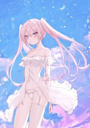 Rule 34 | 1girl, commentary, crescent moon, highres, klee-on, long hair, moon, original, panties, pink eyes, pink hair, purple clouds, single thighhigh, sky, solo, symbol-only commentary, thighhighs, twintails, underwear, white panties