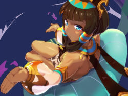 Rule 34 | 1girl, armlet, bad id, bad pixiv id, blue eyes, blunt bangs, breasts, brown hair, commentary request, dark-skinned female, dark skin, detached sleeves, dragalia lost, egyptian, egyptian clothes, from above, gorget, hair tubes, headgear, hima hijiki, legs together, looking at viewer, looking back, lying, nefaria, nintendo, on back, pillow, see-through, see-through sleeves, small breasts, solo