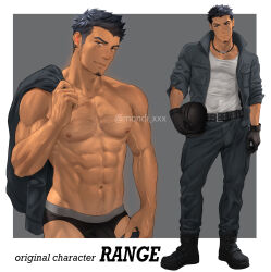 Rule 34 | 1boy, abs, bara, black gloves, black hair, black jacket, black male underwear, black pants, boots, character name, chest hair, closed mouth, earrings, facial hair, gloves, highres, holding, holding clothes, holding jacket, jacket, jewelry, large pectorals, male focus, male underwear, mondi hl, muscular, muscular male, navel, necklace, nipples, open clothes, open jacket, original, pants, pectorals, range (mondi hl), shirt, short hair, sideburns stubble, smile, stubble, twitter username, underwear, unworn jacket, white shirt