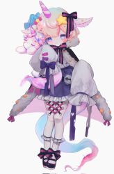 Rule 34 | 1girl, animal ears, bobby socks, bow, cloak, doll joints, dress, footwear bow, frilled dress, frilled shirt collar, frills, full body, fur-trimmed cloak, fur trim, hair bow, hair ornament, highres, holding, holding stuffed toy, horns, joints, looking at viewer, mary janes, mercure 1104, original, purple dress, purple eyes, shoes, short hair, simple background, single horn, sleeve ribbon, sleeves past fingers, sleeves past wrists, smile, socks, solo, star (symbol), star hair ornament, star ornament, stuffed toy, stuffed unicorn, tail, unicorn girl, white background, white hair