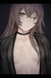 Rule 34 | 1girl, areola slip, black background, black choker, breasts, choker, girls&#039; frontline, grey hair, hair between eyes, highres, letterboxed, long hair, looking at viewer, one eye closed, scar, scar across eye, scar on face, see-through, selcky, small breasts, solo, ump45 (girls&#039; frontline), upper body, wet, wet hair, yellow eyes