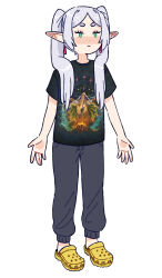 Rule 34 | 1girl, alternate costume, black pants, black shirt, casual, commentary, crocs, elf, english commentary, forehead, frieren, green eyes, grey hair, highres, long hair, looking at viewer, lumiseal, pants, parted bangs, pointy ears, print shirt, shirt, short sleeves, sidelocks, simple background, solo, sousou no frieren, t-shirt, thick eyebrows, twintails, white background, yellow footwear
