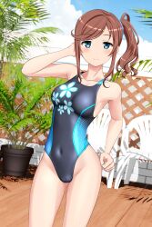 Rule 34 | 1girl, absurdres, black one-piece swimsuit, blue eyes, blue sky, breasts, brown hair, chair, cloud, competition swimsuit, covered navel, day, floral print, hair ornament, hair scrunchie, high school fleet, highleg, highleg swimsuit, highres, ise sakura, long hair, looking at viewer, medium breasts, multicolored clothes, multicolored swimsuit, one-piece swimsuit, outdoors, plant, potted plant, scrunchie, side ponytail, sky, solo, standing, swimsuit, takafumi, variant set