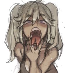 Rule 34 | 1girl, breasts, cunnilingus gesture, drooling, forked tongue, hair between eyes, highres, kinuko (kinucakes), long hair, looking at viewer, open mouth, oral invitation, original, purple eyes, saliva, sexually suggestive, sharp teeth, silver hair, solo, tank top, teeth, thick eyebrows, tongue, tongue out, uvula, v