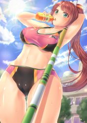 Rule 34 | 1girl, arm behind head, arm up, armpit crease, armpit focus, armpits, blue sky, blurry, blush, bottle, breasts, brown hair, cameltoe, cleavage, cloud, cloudy sky, cowboy shot, day, depth of field, drinking, from below, gluteal fold, green eyes, highres, holding, holding bottle, kasumi (doa), large breasts, lens flare, light rays, long hair, looking at viewer, midriff, moe2017, navel, open mouth, original, outdoors, pole vault, ponytail, sky, solo, sports bikini, sports bra, sportswear, standing, sunbeam, sunlight, sweat, thigh gap, thighs, track and field, track uniform, two-tone sports bra, yamato (kancolle), yuzutosen