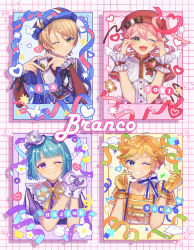 Rule 34 | 4boys, absurdres, androgynous, blonde hair, blue background, blue border, blue eyes, blue hair, blue headwear, blue shirt, blue vest, blush, border, branco (ensemble stars!), bug, butterfly, character name, closed mouth, cloud, confetti, double finger heart, earrings, ensemble stars!, finger heart, flower, gloves, green eyes, harukawa sora, hat, heart, heart hands, heart of string, highres, himemiya tori, insect, jewelry, light blue background, light blue hair, long sleeves, looking at viewer, male focus, mini hat, mini top hat, multicolored background, multicolored shirt, multiple boys, neck ribbon, official alternate costume, one eye closed, open mouth, orange gloves, orange shirt, pink background, pink hair, purple background, purple border, purple eyes, purple gloves, purple shirt, rabbit, red background, red headwear, red shirt, ribbon, riri (riri nemuioo0), shino hajime, shiratori aira (ensemble stars!), shirt, short hair, short sleeves, smile, star (symbol), striped, striped background, stuffed animal, stuffed toy, teddy bear, teeth, top hat, vest, white shirt, wings, yellow background, yellow butterfly