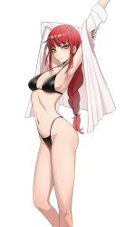 Rule 34 | 1girl, absurdres, armpits, arms up, bare shoulders, bikini, black bikini, blush, braid, braided ponytail, breasts, chainsaw man, cleavage, collarbone, collared shirt, dress shirt, highleg, highleg bikini, highres, kiritzugu, long hair, long sleeves, looking at viewer, makima (chainsaw man), medium breasts, navel, open clothes, open shirt, red hair, ringed eyes, shirt, simple background, smile, solo, swimsuit, thighs, white background, white shirt, yellow eyes