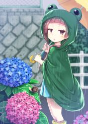 Rule 34 | 0141zucker, 1girl, blunt bangs, blush, boots, flower, frog raincoat, harumi shinju, highres, hydrangea, jitome, long hair, looking at viewer, open mouth, rain, raincoat, red eyes, red hair, snail, solo, tokyo 7th sisters, twintails, umbrella