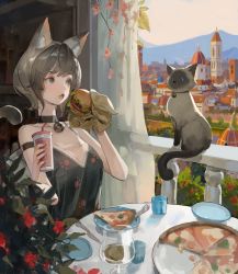 Rule 34 | 1girl, absurdres, animal ear fluff, animal ears, balcony, bare arms, bare shoulders, bell, black choker, black dress, black hair, blue eyes, blush, burger, cat, cat ears, cat girl, cat tail, choker, city, collarbone, cup, day, disposable cup, dress, drinking glass, fang, food, highres, holding, holding cup, holding food, jingle bell, jung wonjo, knife, looking to the side, neck bell, open mouth, original, outdoors, paw print, pizza, plate, print dress, short hair, siamese cat, sleeveless, sleeveless dress, solo, tail, upper body, wrapper