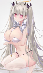 Rule 34 | 1girl, absurdres, azur lane, between breasts, black bow, blush, bow, breasts, cleavage, closed mouth, formidable (azur lane), from side, grey hair, hair bow, halo, highres, horns, large breasts, long hair, looking at viewer, mile (off8mile), necktie, necktie between breasts, pink eyes, simple background, solo, squatting, thighhighs, twintails, very long hair, white background, white necktie, white thighhighs