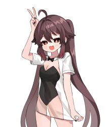 Rule 34 | 1girl, :3, :d, ahoge, alternate costume, black bow, black bowtie, black nails, bow, bowtie, brown hair, clothes pull, commentary, dress, dress pull, english commentary, fang, genshin impact, hair between eyes, highres, hu tao (genshin impact), long hair, looking at viewer, miyako draw, nail polish, nontraditional playboy bunny, open mouth, optical illusion, pulled by self, rabbit pose, red eyes, short dress, short sleeves, sidelocks, simple background, smile, solo, symbol-shaped pupils, twintails, v, white background, white dress