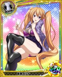 Rule 34 | 1girl, bare shoulders, blush, breast hold, breasts, card (medium), character name, chess piece, dress, high school dxd, large breasts, long hair, looking at viewer, official art, orange hair, purple eyes, rook (chess), shidou irina, solo, trading card, twintails, very long hair