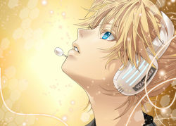 Rule 34 | 1boy, blonde hair, blue eyes, cable, child, colored eyelashes, copyright name, from side, glowing, hakuseki, headset, kagamine len, looking up, male focus, microphone, portrait, short hair, solo, vocaloid, yellow background, yellow theme