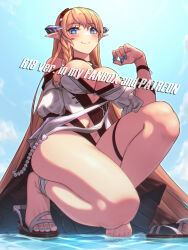 Rule 34 | 1girl, arknights, bare shoulders, barefoot, blue eyes, blue nails, blue sky, blush, braid, breasts, censored, censored nipples, chinese commentary, cloud, cloudy sky, commentary request, day, eyelashes, feet, full body, hairband, hand up, heel up, highres, impossible clothes, knee up, large breasts, light brown hair, long hair, looking at viewer, nail polish, navel, nipple slip, nipples, outdoors, paid reward available, pointy ears, saileach (arknights), sandals, shirt, single sandal, sky, smile, solo, squatting, thighs, toenail polish, toenails, toes, very long hair, wading, white shirt, yamauchi (conan-comy)