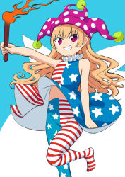 Rule 34 | 1girl, adapted costume, alternate eye color, american flag dress, american flag legwear, blonde hair, blue background, clownpiece, dress, fairy wings, grin, hat, highres, jester cap, leg up, long hair, looking at viewer, multicolored background, navel, neck ruff, nobori ranzu, outline, outstretched arm, pantyhose, polka dot, purple eyes, purple hat, sharp teeth, sidelocks, skinny, skirt hold, sleeveless, sleeveless dress, smile, solo, teeth, torch, touhou, white background, wings