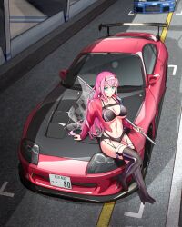 Rule 34 | 1girl, bikini, black bikini, black footwear, boots, breasts, car, checkered flag, cleavage, darling in the franxx, day, flag, funkygarage, green eyes, highres, holding, holding flag, horns, jacket, large breasts, long hair, long sleeves, looking at viewer, motor vehicle, nissan, nissan skyline, nissan skyline gt-r, nissan skyline r34, open clothes, open jacket, outdoors, pink hair, race queen, short shorts, shorts, sitting, smile, solo, spoiler (automobile), swimsuit, thigh boots, tongue, tongue out, toyota, toyota supra, toyota supra mk iv, vehicle focus, zero two (darling in the franxx)