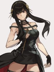 Rule 34 | 1girl, bad id, bad pixiv id, black dress, black hair, closed mouth, cowboy shot, dagger, dress, earrings, expressionless, fingerless gloves, gloves, gold, gold hairband, grey background, hair ornament, hair stick, hairband, hashibiro kou (garapiko p), highres, holding, holding dagger, holding knife, holding weapon, jewelry, knife, long hair, looking at viewer, red eyes, sidelocks, simple background, solo, spy x family, standing, two-sided dress, two-sided fabric, weapon, yor briar