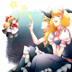 Rule 34 | 2girls, alice margatroid, apron, blonde hair, blue eyes, bow, braid, doll, doll joints, closed eyes, female focus, frills, hair bow, hairband, hat, hat bow, joints, kirisame marisa, long hair, multiple girls, open mouth, outstretched arms, pomeko (13521433), puffy sleeves, sash, shanghai doll, short hair, short sleeves, side braid, single braid, smile, star (symbol), touhou, very long hair, witch hat, yellow eyes