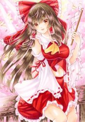 Rule 34 | 1girl, :d, ascot, bare shoulders, bow, breasts, brown eyes, brown hair, cherry blossoms, commentary request, detached sleeves, frilled bow, frilled hair tubes, frilled shirt collar, frilled skirt, frills, gohei, hair bow, hair tubes, hakurei reimu, holding, holding gohei, kapibaradon0405, large breasts, long hair, looking at viewer, marker (medium), midriff, navel, nontraditional miko, on railing, open mouth, petals, pink background, railing, red bow, red eyes, red shirt, red skirt, red vest, ribbon-trimmed sleeves, ribbon trim, shide, shirt, sidelocks, sitting, skirt, skirt set, sleeveless, sleeveless shirt, smile, solo, touhou, traditional media, very long hair, vest, wide sleeves, yellow ascot