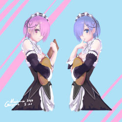 Rule 34 | 10s, 2girls, absurdres, artist name, bare shoulders, blue eyes, blue hair, breasts, cleavage, dated, detached collar, detached sleeves, finger in own mouth, gorgeous mushroom, hair over one eye, hair tie, headdress, highres, looking at viewer, maid, maid headdress, menu, multiple girls, pink eyes, pink hair, ram (re:zero), re:zero kara hajimeru isekai seikatsu, rem (re:zero), short hair, siblings, sisters, small breasts, smile, tray, twins