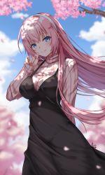Rule 34 | 1girl, arm behind back, as4gi, black dress, blue eyes, blue sky, breasts, cherry blossoms, closed mouth, cowboy shot, day, dress, floating hair, head tilt, highres, large breasts, long hair, long sleeves, looking at viewer, megurine luka, outdoors, pinafore dress, pink hair, pink sweater, ribbed sweater, signature, sky, sleeveless, sleeveless dress, smile, solo, spring (season), straight hair, striped clothes, striped sweater, sweater, turtleneck, turtleneck sweater, very long hair, vocaloid, wind