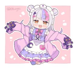 Rule 34 | apron, blunt bangs, blush stickers, chibi, commentary, double bun, english commentary, hair bun, hair ornament, hairclip, hololive, jacket, kukie-nyan, lolita fashion, long hair, maid, maid headdress, multicolored hair, murasaki shion, murasaki shion (magical girl maid), official alternate costume, pink jacket, purple hair, silver hair, sleeves past fingers, sleeves past wrists, star (symbol), star hair ornament, streaked hair, sweet lolita, triangle hair ornament, twitter username, two side up, virtual youtuber, waist apron, white apron, yellow eyes