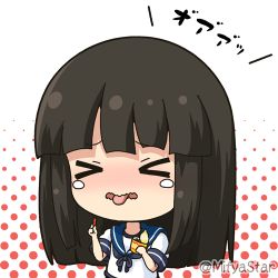 Rule 34 | &gt; &lt;, 1girl, black hair, blue ribbon, blue sailor collar, blush, chibi, closed eyes, commentary request, halftone, halftone background, hatsuyuki (kancolle), holding, kantai collection, long hair, lowres, mitya, neck ribbon, nose blush, open mouth, ribbon, sailor collar, school uniform, serafuku, shirt, short sleeves, simple background, solo, teardrop, tongue, tongue out, translation request, twitter username, upper body, wavy mouth, white background, white shirt